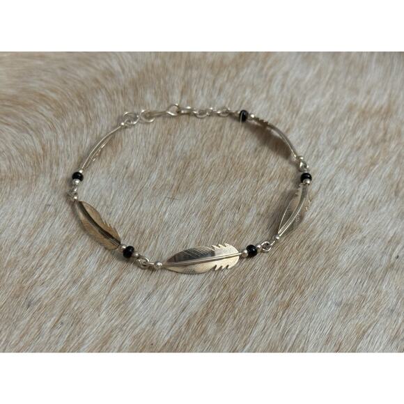 Native American SW Sterling Silver Feather Link Onyx Bracelet 7” - Picture 2 of 12
